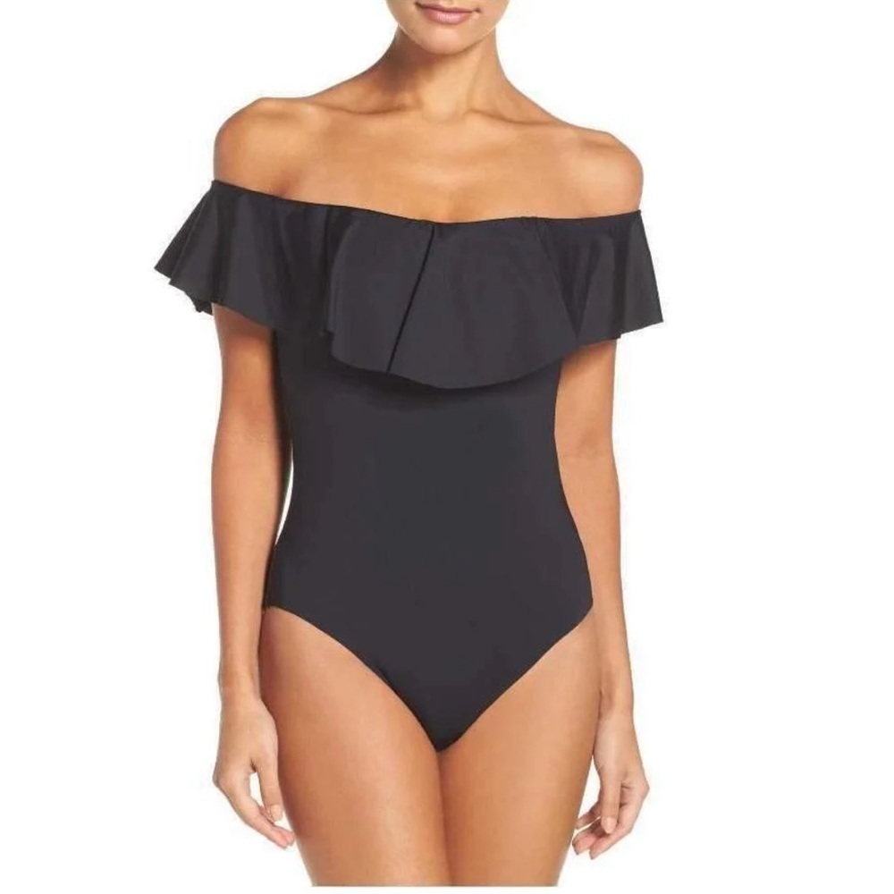 NWT Trina Turk Gypsy Solids Off The Shoulder One Piece Swimsuit Black